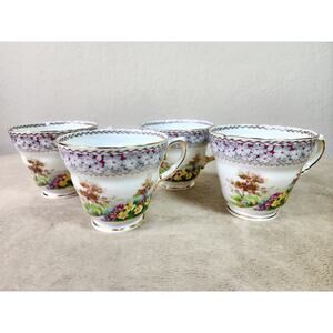 Woodland Dell Teacup Mug Sutherland Bone China Gold Trim Made in England x4 Vtg
